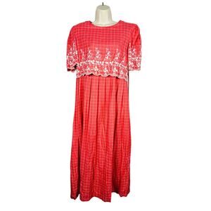 Vintage Sarah Elizabeth Empire Dress Floral Embroider Melon Plaid Country - 6